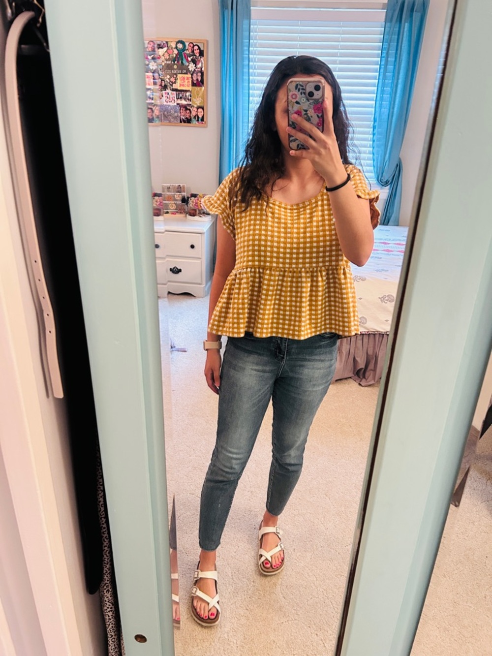Madewell Yellow Gingham Peplum Flutter Sleeve Top